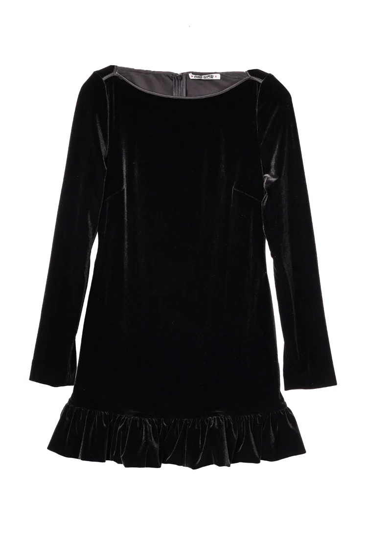 Cosette Ruffled Black Velvet Mini Dress - Image 2