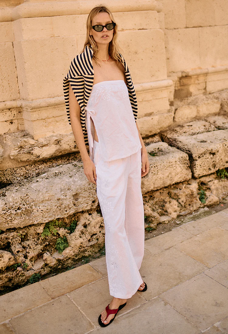 Ermanno White Embroidered Linen Pant - Image 3