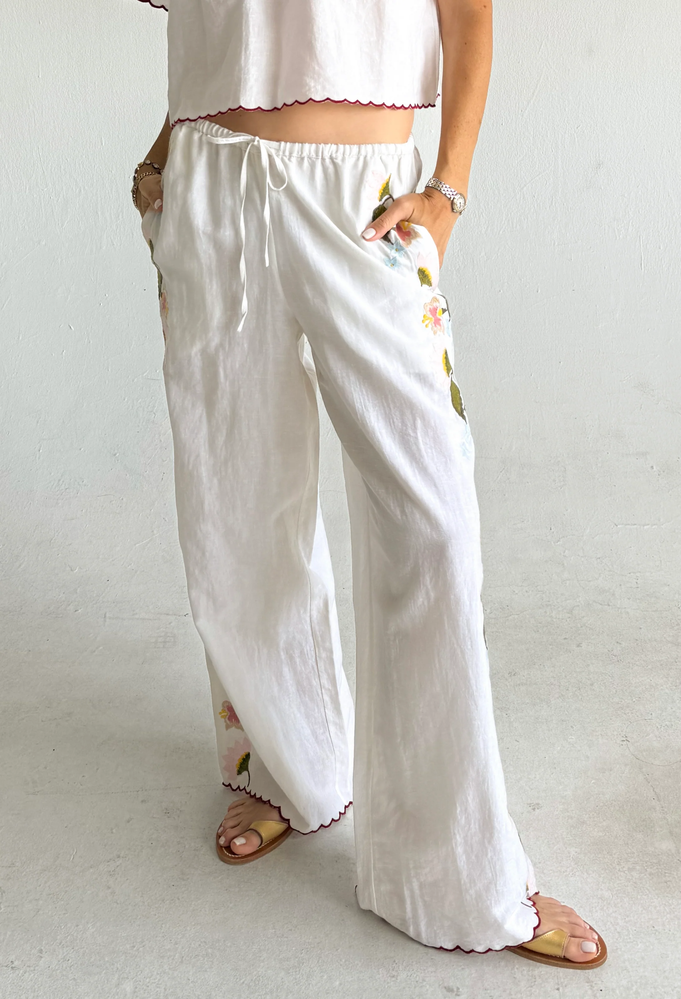 Ermmano White Embroidered Linen Pant - Image 3