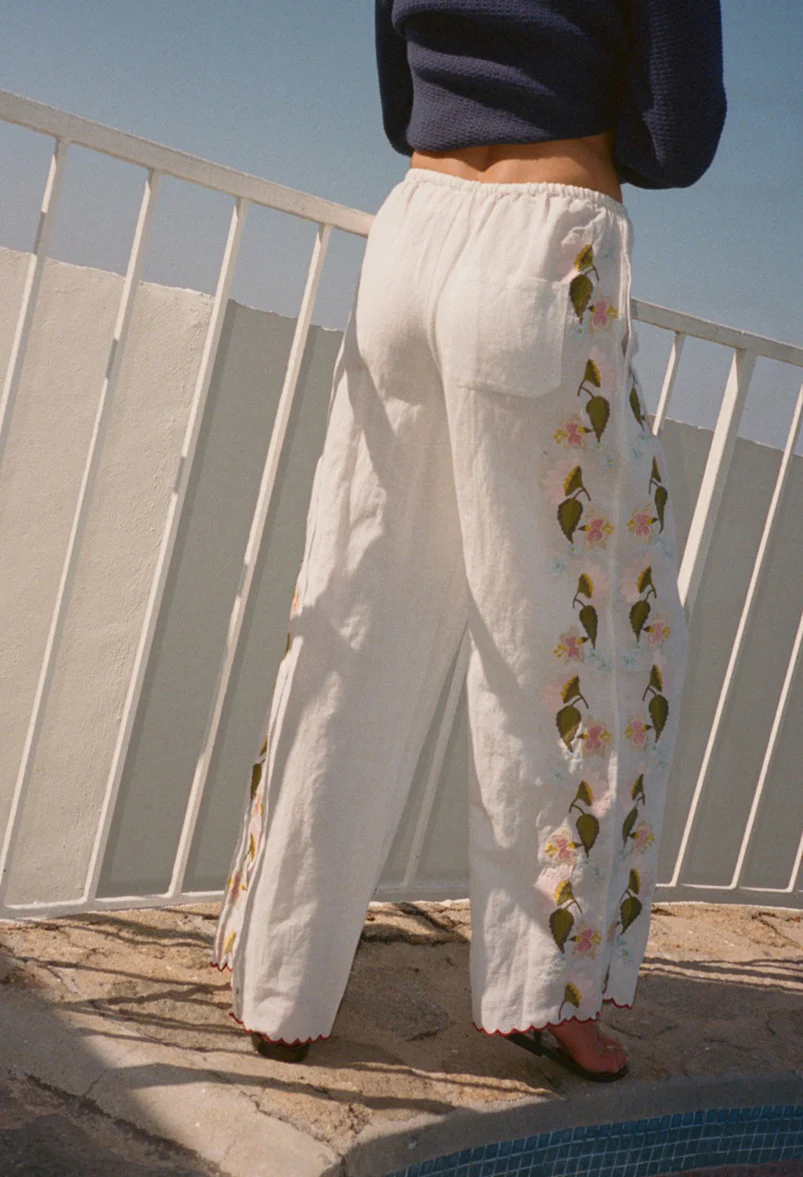 Ermmano White Embroidered Linen Pant - Image 4