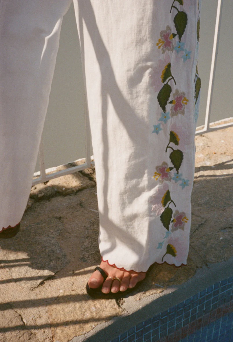 Ermmano White Embroidered Linen Pant - Image 6