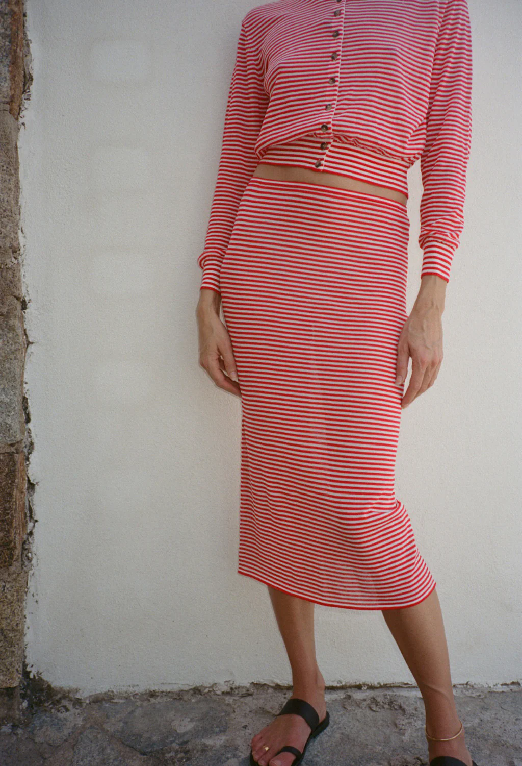 Faye Red Stripe Sheer Knit Skirt - Image 3