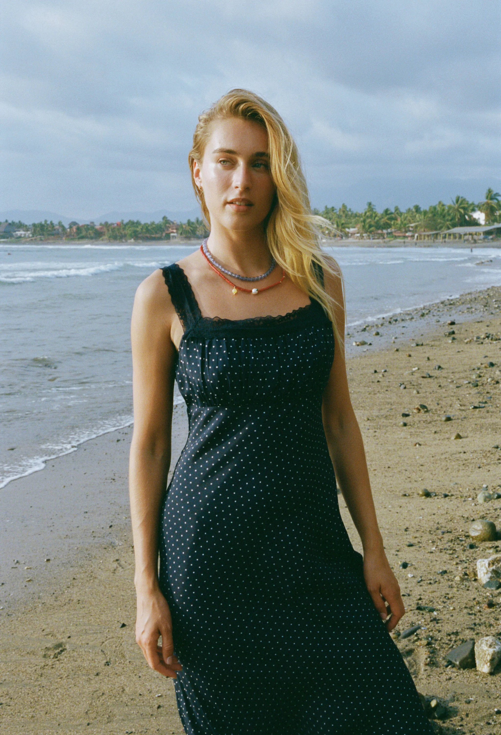 Fiore Navy Pin Dot Silky Midi Dress - Image 5