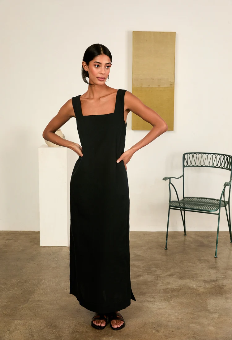 Salone Black Linen Maxi Dress