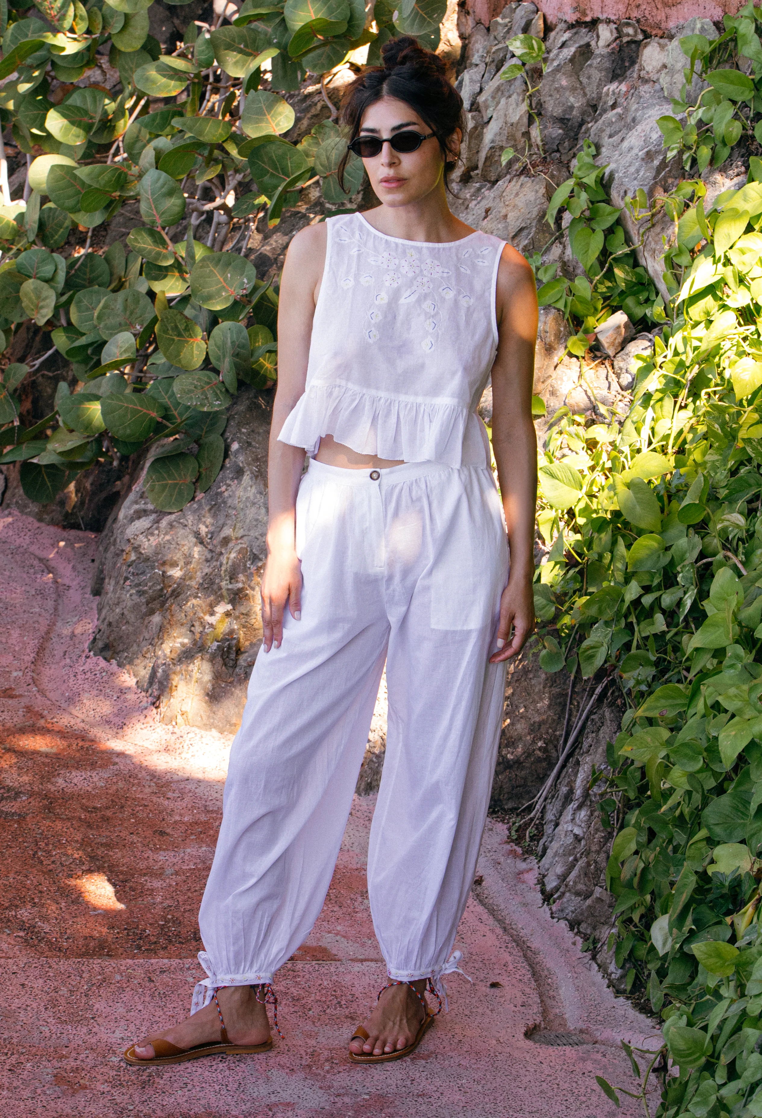 Vera White Floral Embroidered Cotton Voile Pant - Image 3